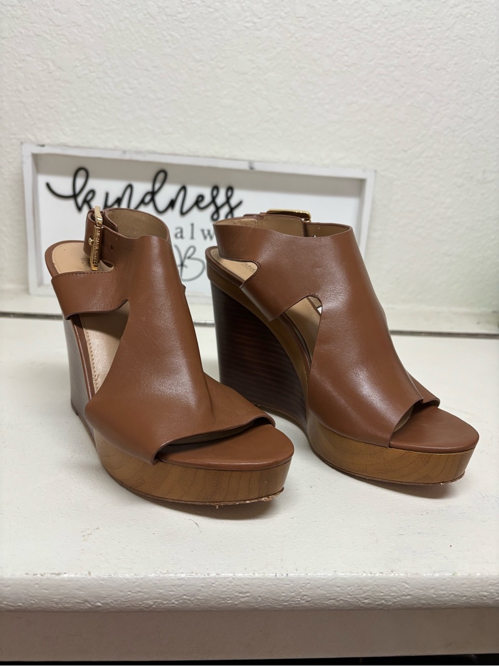 Michael Kors Tan Brown Leather Wedge Sandals